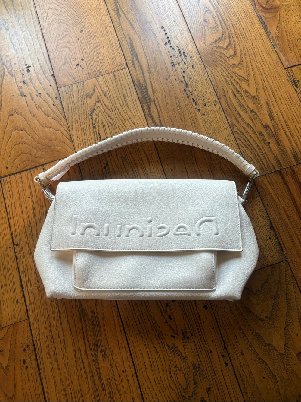 Desigual Half Logo White Embossed Flap Shoulder Bag with Woven Top Handle